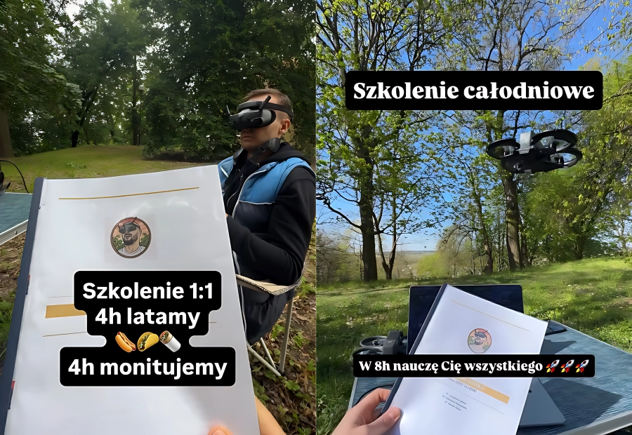 Kurs FPV 1:1 w plenerze - kursant w goglach, dron w locie, 4 godziny latania i 4 godziny montażu